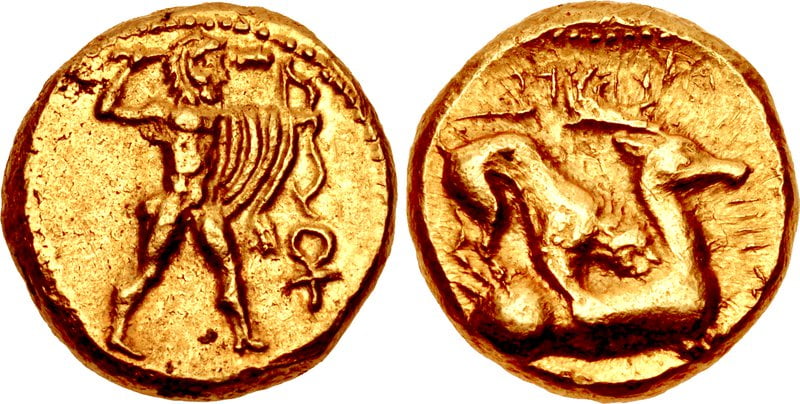 Estoicismo - CHIPRE, Kition. Pumiathon. Cerca de 362 / 1-312 aC. AV Hemistater (12,5 mm, 4,15 g, 6h). Padrão persa. Datado de RY 44 (328/7 AC). Hércules avançando para a direita, segurando a clava, o arco e a flecha, a pele de leão pendurada no braço; ankh à direita / Leão à direita, mordendo as costas de um veado reclinado à direita; [L] MLK PMIA [TN] (em aramaico = “do rei Pumiathon”) acima, 44 (em numerais fenícios [data]) à direita. Markou, L'or 173 (D33 / R51) = DG 44 = A. Destrooper-Georgiades, “Le monnayage de Pumiathon de Kition (361-312 av. J.-C.) dans le cadre des événements historiques de I'île . Son apport à l’histoire de Chypre ”em Proceedings of the XIth International Numismatic Congress (Louvain-la-Neuve, 1993), 27 = SNG Berry 1312 (esta moeda); Zapiti e Michaelidou 25 var. (encontro); Tziambazis 36; DCA 819. EF, brilho subjacente, um pequeno desgaste da matriz no reverso.
